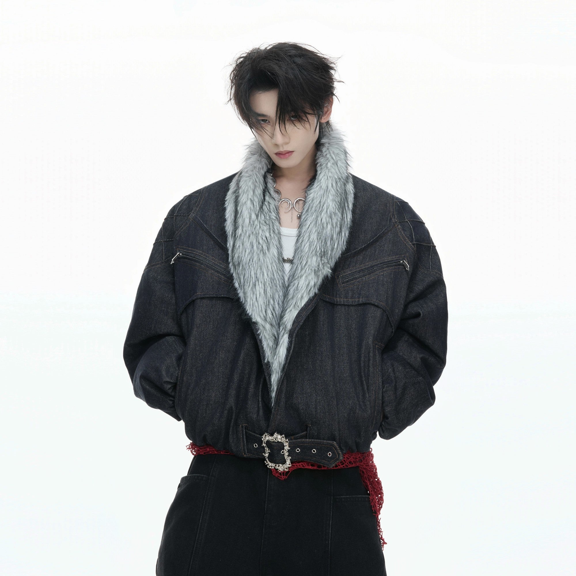 Front view of heavyweight raw denim jacket with blue faux fur collar