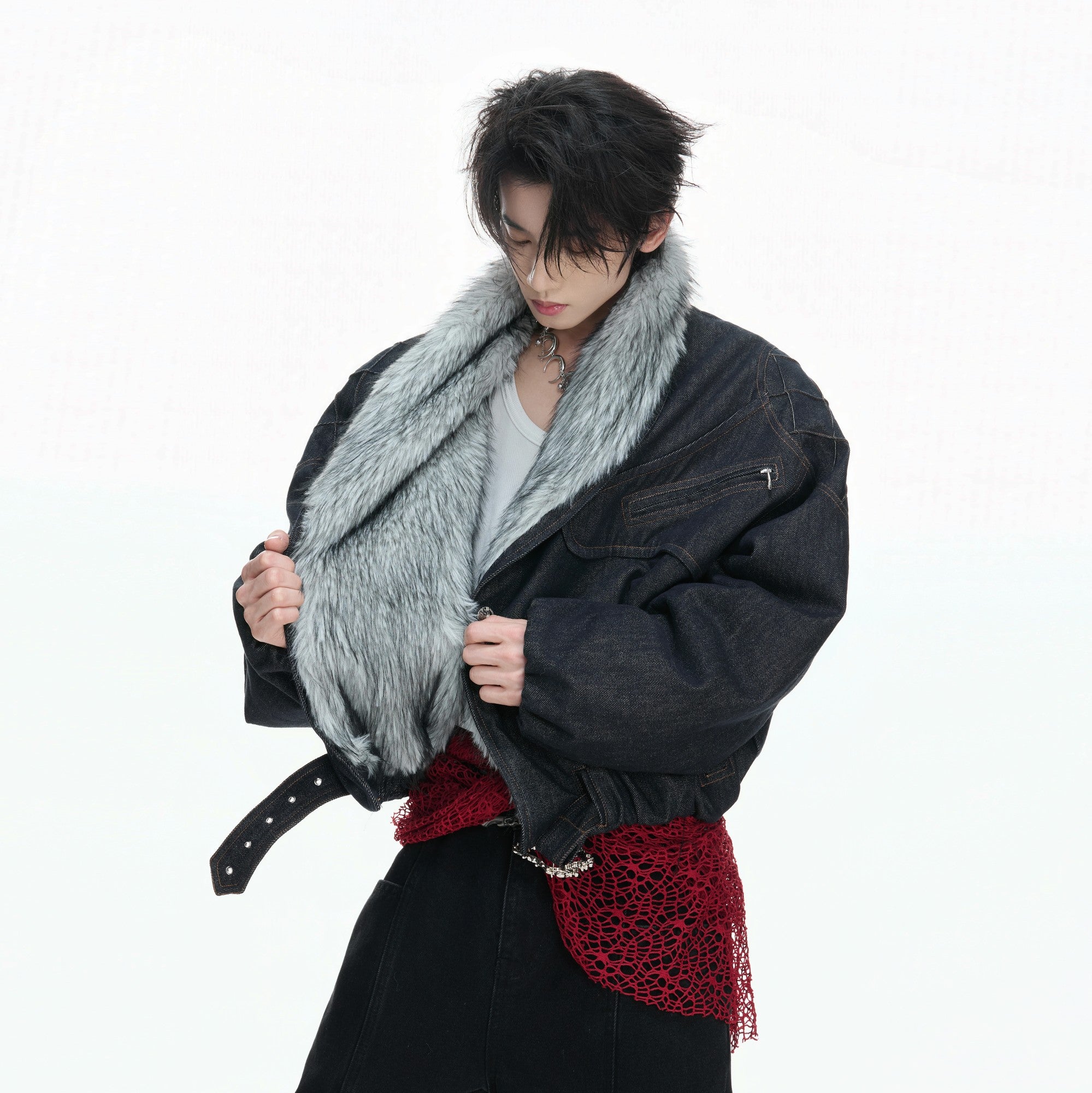 Close up of custom metal hardware and denim texture