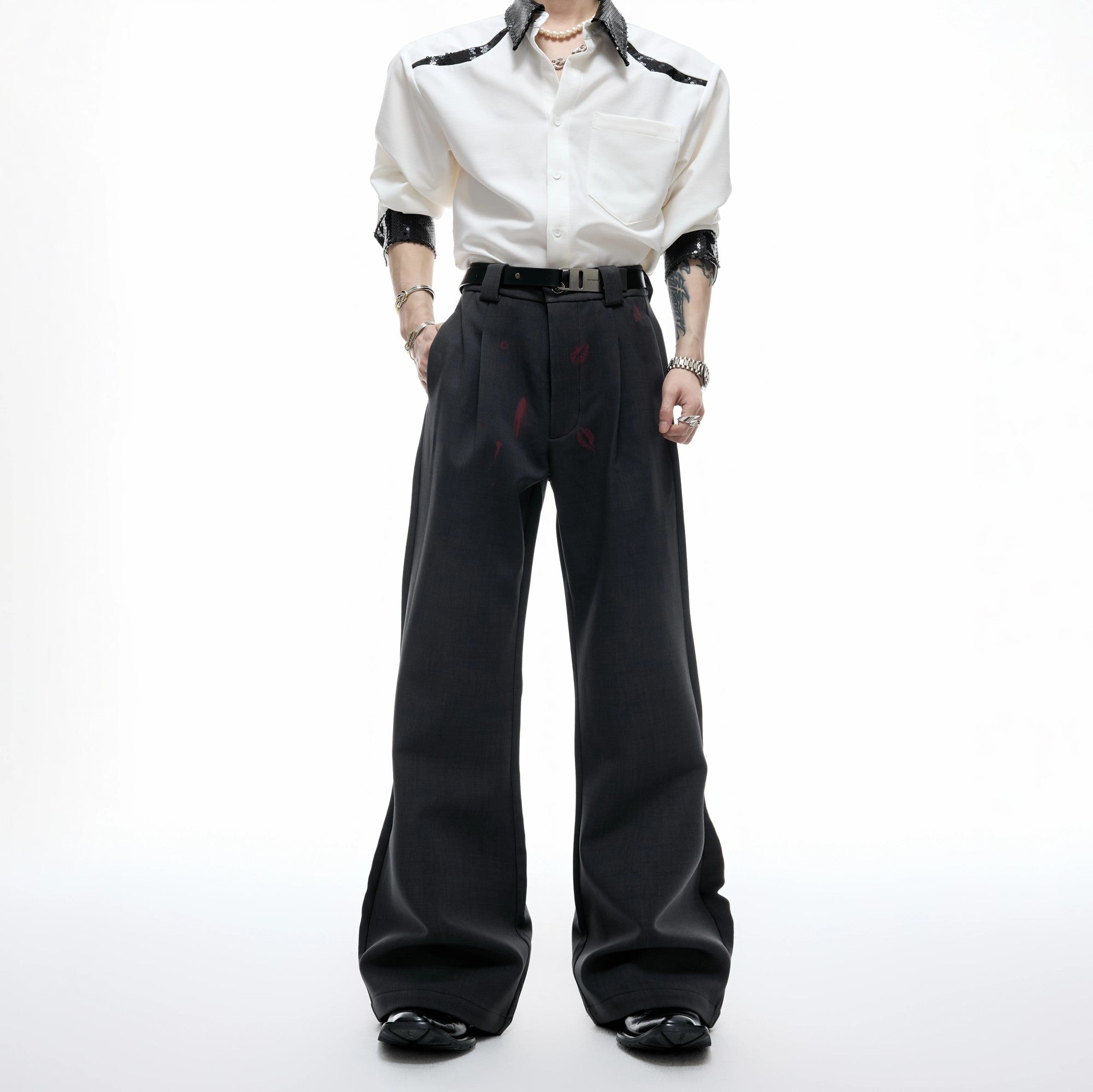 Back view of relaxed fit flared streetwear pants