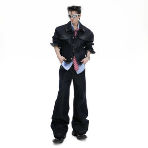 Model wearing full raw denim set with short jacket and matching pants.