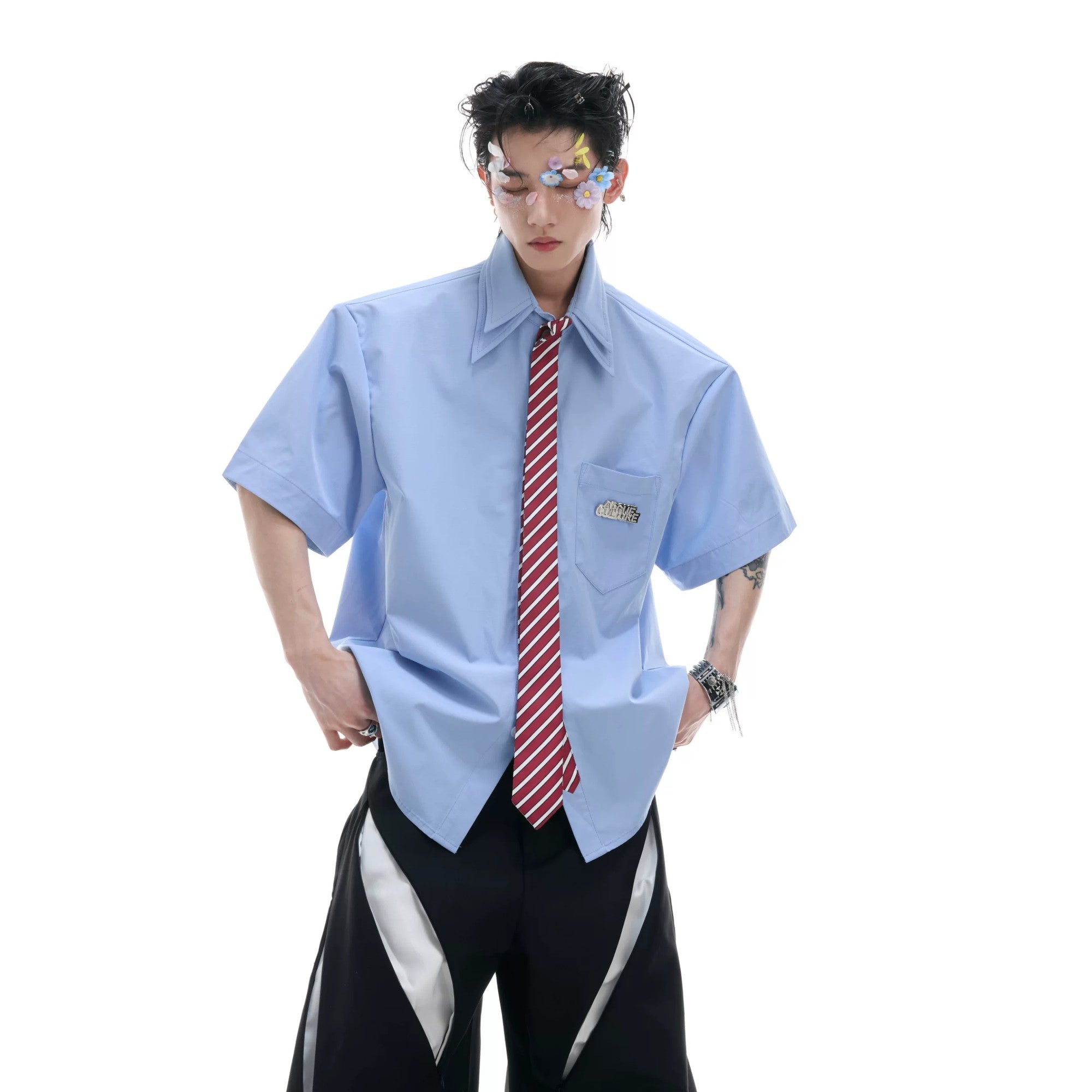 Men's retro purple short sleeve shirt with tie and double collar