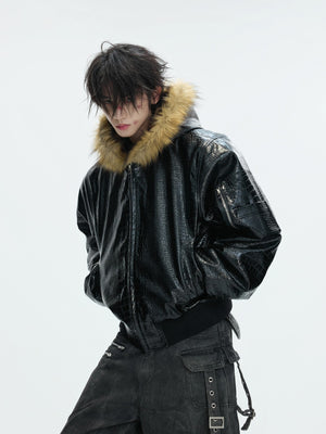 Model wearing the oversized reversible bomber in a street setting