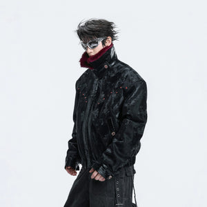 Close-up of the premium plush faux fur collar on a winter jacket.