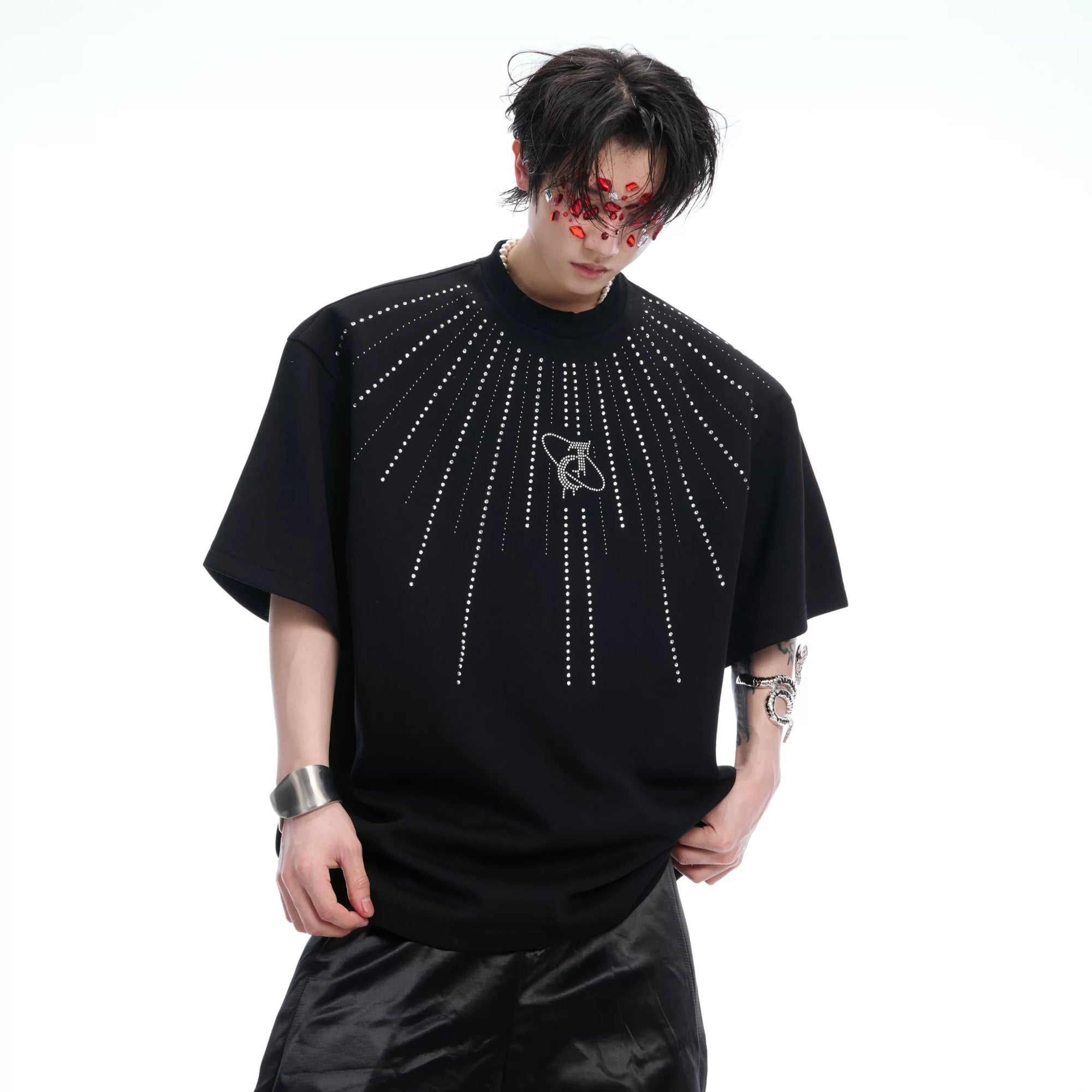 White oversized streetwear t-shirt with sparkling rhinestone emblem on chest