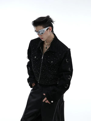 Front view of black cropped jacket with rhinestone gradient design