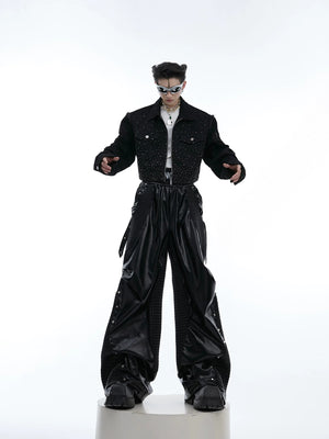 Model wearing the avant-garde rhinestone jacket in a street setting