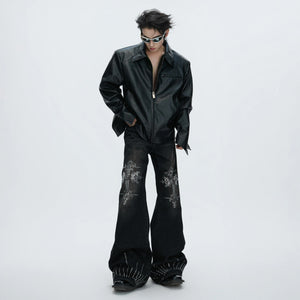 Model wearing rhinestone flare jeans with chunky sneakers