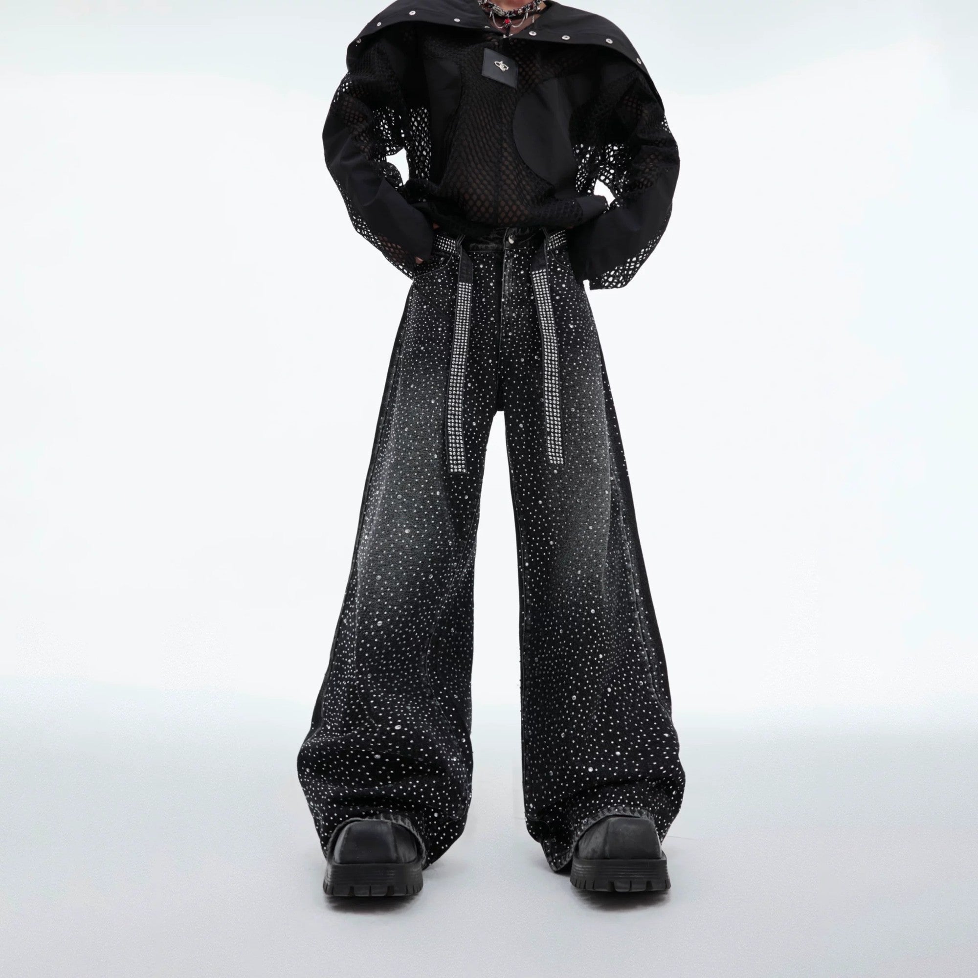 Front view of wide-leg denim jeans with rhinestone starry details