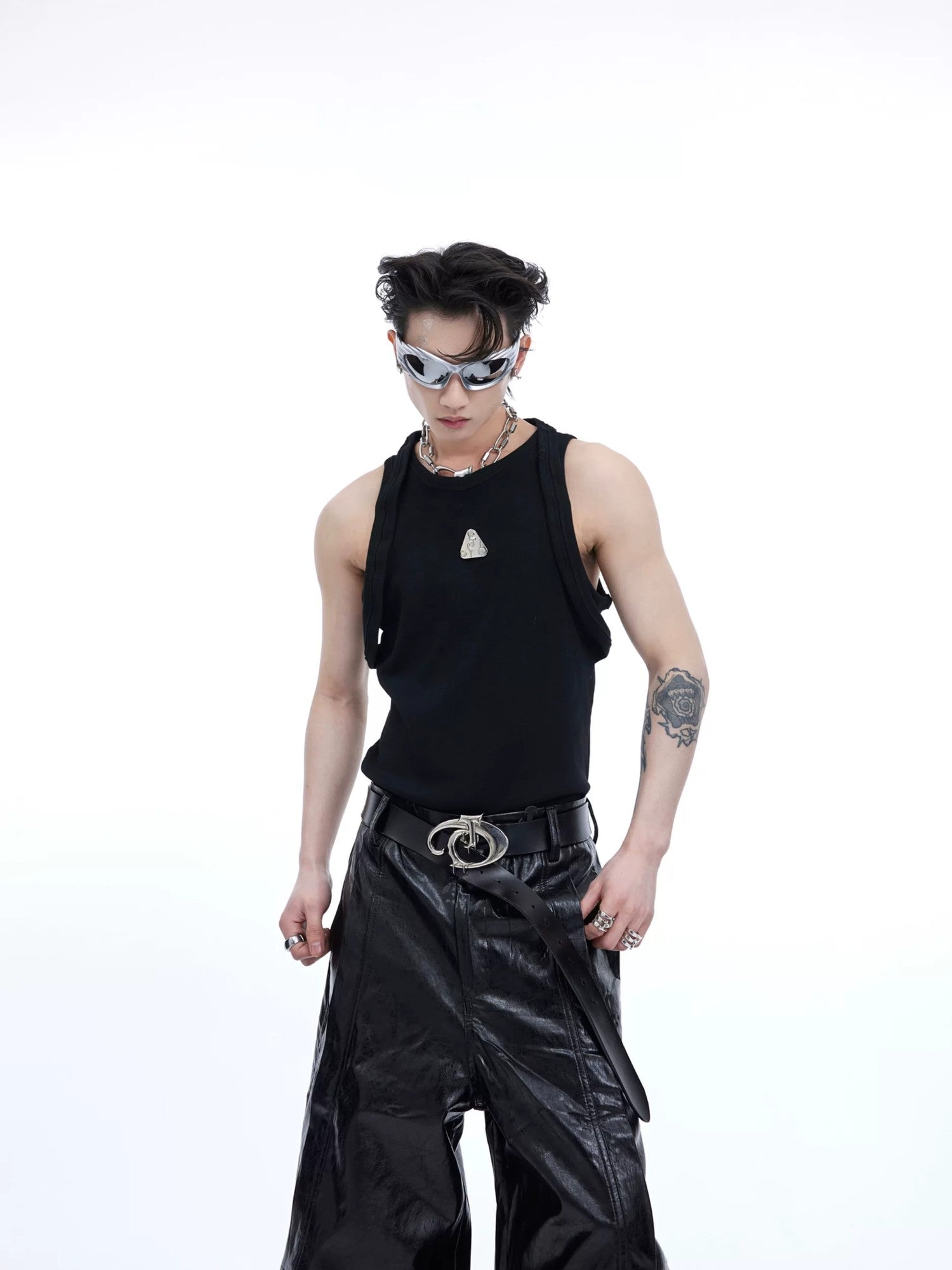 Minimalist white deconstructed tank top with metal logo front view