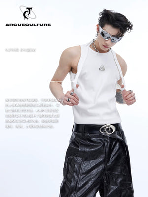 Male model wearing slim-fit deconstructed tank top in urban setting