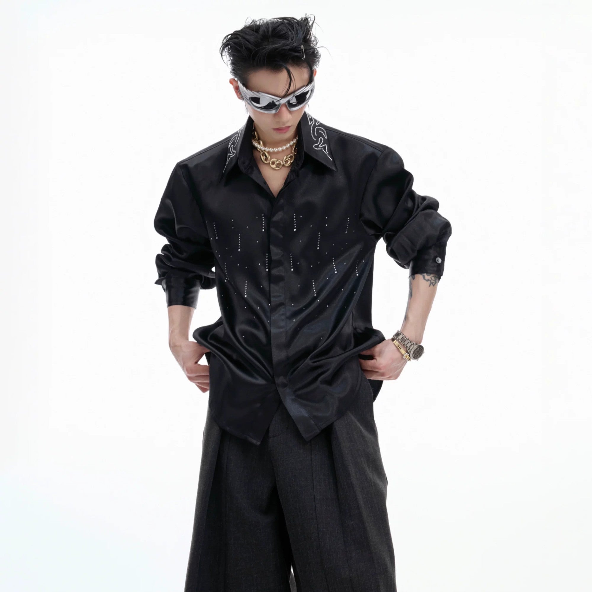 Premium black satin shimmer shirt with a loose streetwear fit