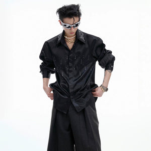 Premium black satin shimmer shirt with a loose streetwear fit