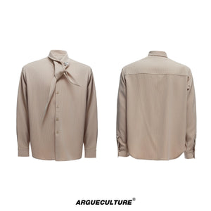 scarf-neck-padded-shirt-ribbed-wide-leg-pants-set-white-top-with-brooch