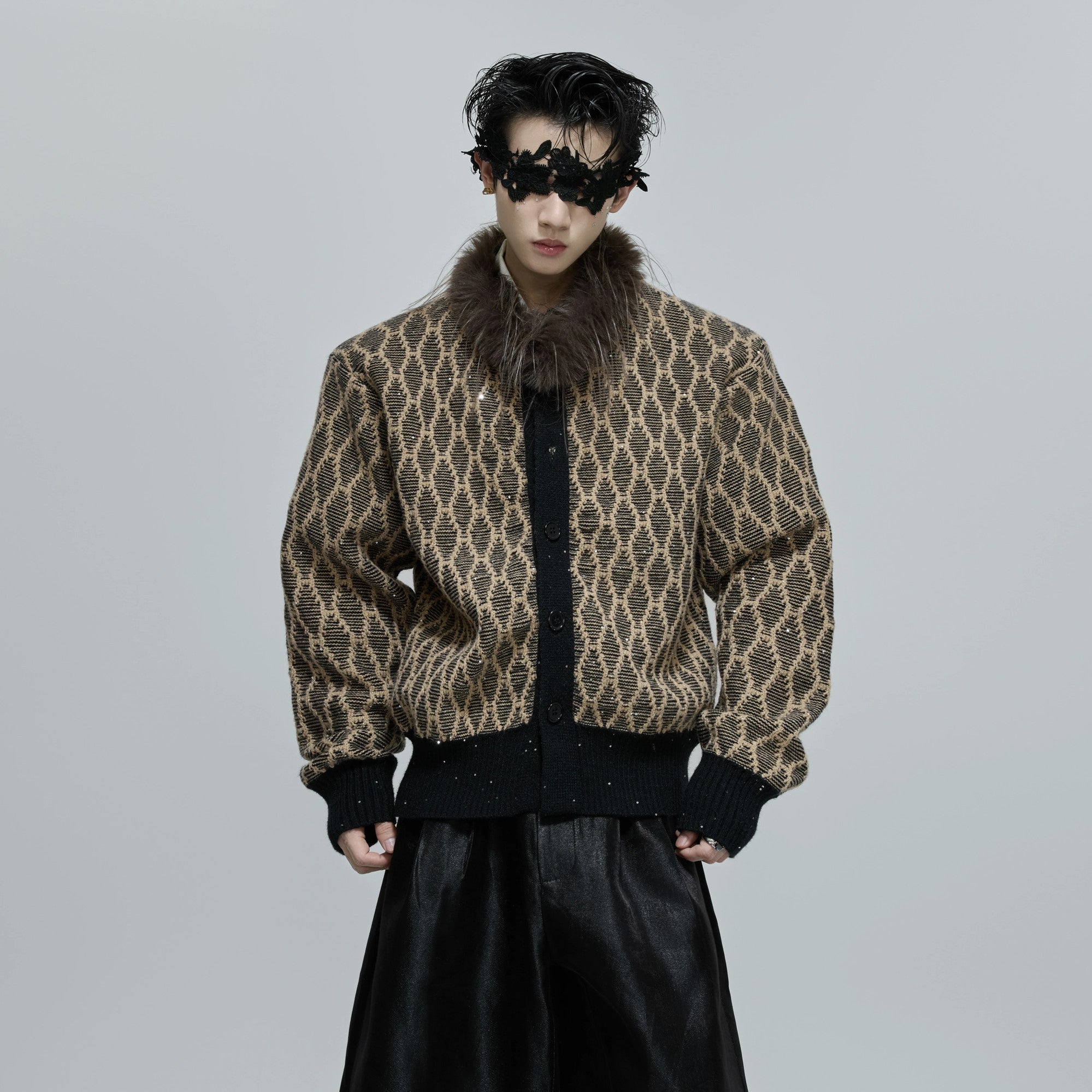Front view of brown heavyweight sequin knit cardigan with rabbit hair collar