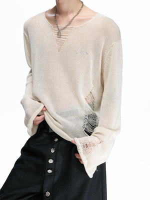 Sheer Distressed V-Neck Knit Top in Linen Blend - main image 3
