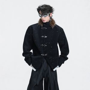 Model wearing red shimmer fur collar cardigan in street setting