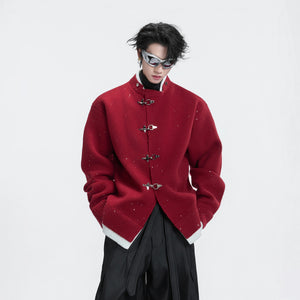 Gray oversized luxury knit cardigan with metal buckle closure