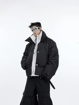 Loose fit metallic puffer jacket styled with streetwear pants