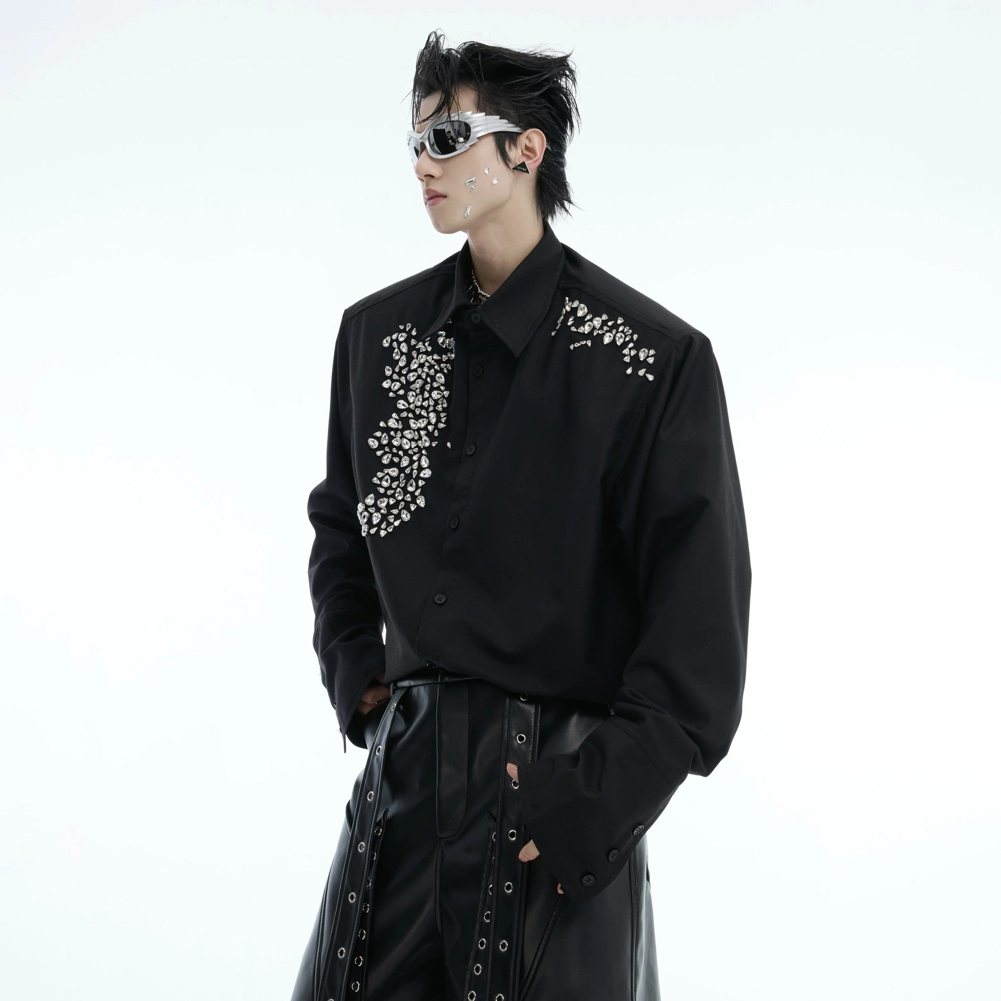 Front view of a luxury white shirt with shimmering hand-sewn rhinestones.