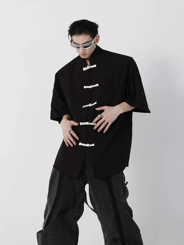 Short-Sleeve Frog Closure Cardigan in Black | Stand Collar - main image 1