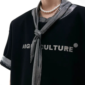 Gray loose fit graphic tee featuring niche metallic ribbon neck design.