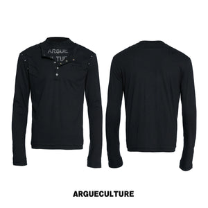 Slim Distressed Faux-Layer Henley Long-Sleeve Shirt - Black