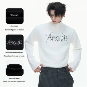 Apricot colored heavyweight mock neck sweater styled with cargo pants