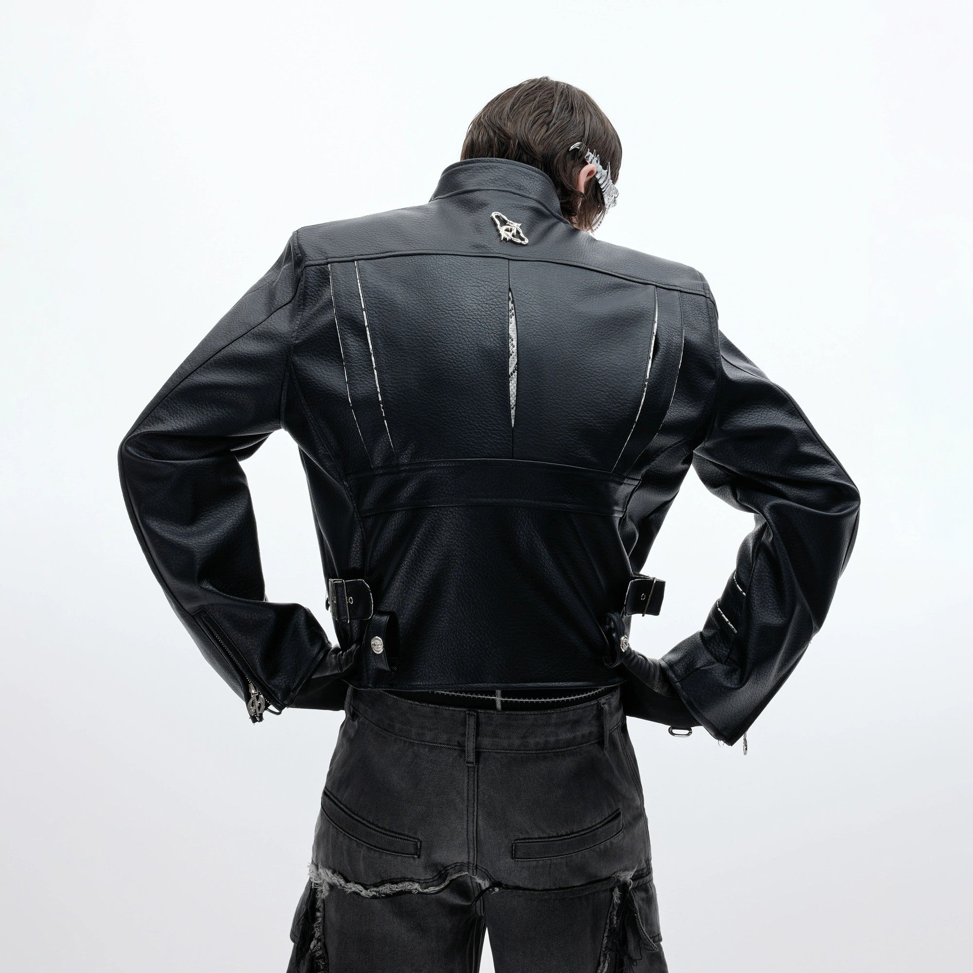 White snake skin cropped PU leather jacket for streetwear fits