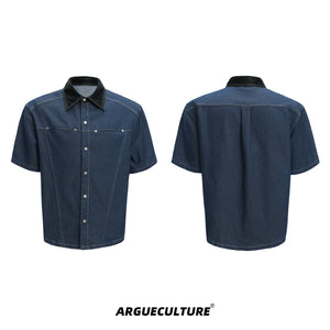 snake-skin-patchwork-denim-short-sleeve-shirt-set-blue-shirt