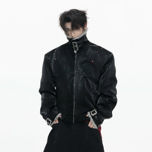 Black snake texture faux leather puffer jacket front view