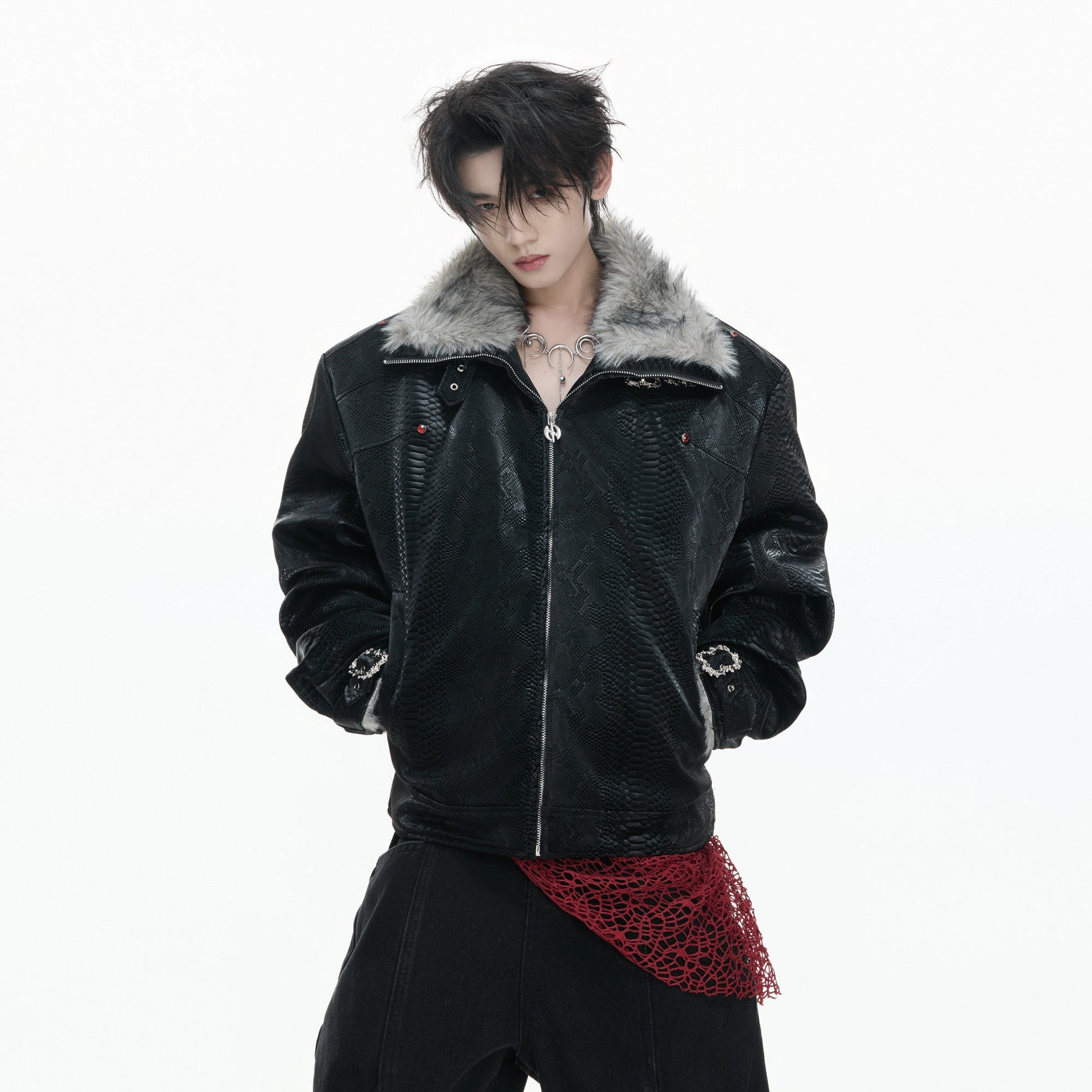 White deconstructed leather puffer jacket with fur collar