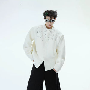 Oversized black cardigan with rhinestone snowflake design and shimmer fabric