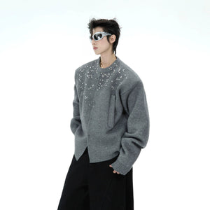 White streetwear cardigan featuring sparkling gems and shell buttons