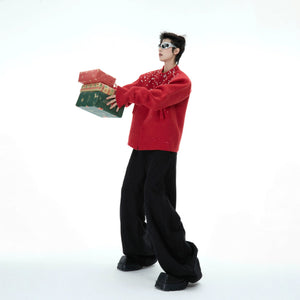 Model wearing gray oversized shimmer cardigan in a street setting