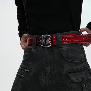 Gray gothic style leather belt featuring industrial deconstructed metal clasp.