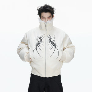 Detailed spine embroidery on the back of a black streetwear jacket