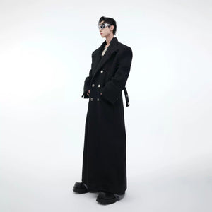 Men's long black wool coat with industrial metal buckles and stand collar