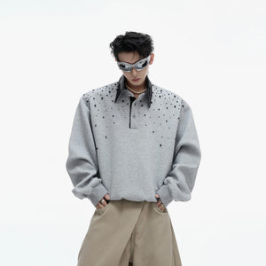 Close-up of premium pearl and sequin embroidery on streetwear polo