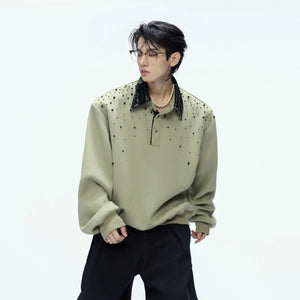 Model wearing oversized starry pearl polo shirt in a street setting