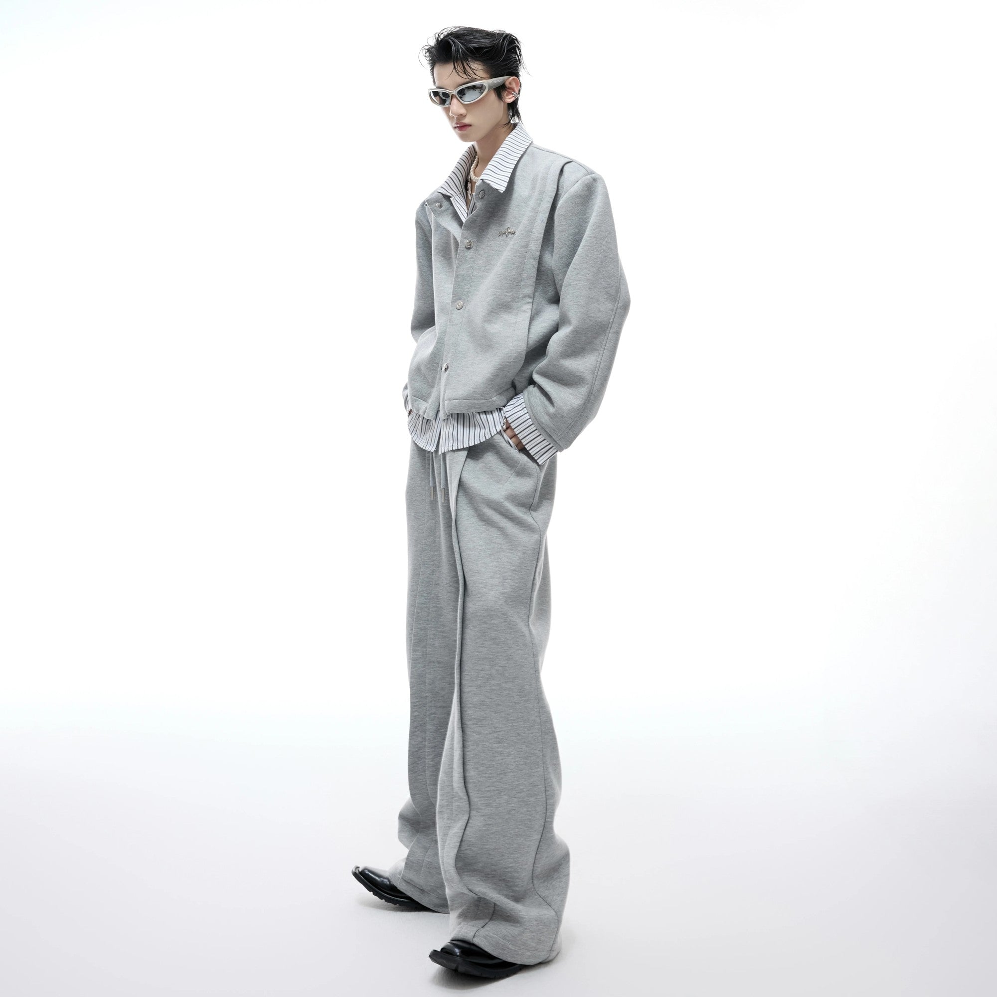 Black striped faux two-piece patchwork cardigan sweatshirt set front view