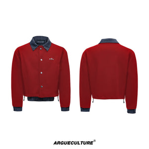 striped-faux-two-piece-patchwork-cardigan-sweatshirt-set-red-top