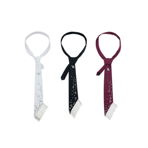 Black punk style necktie with metallic studs and silver fringe chain.