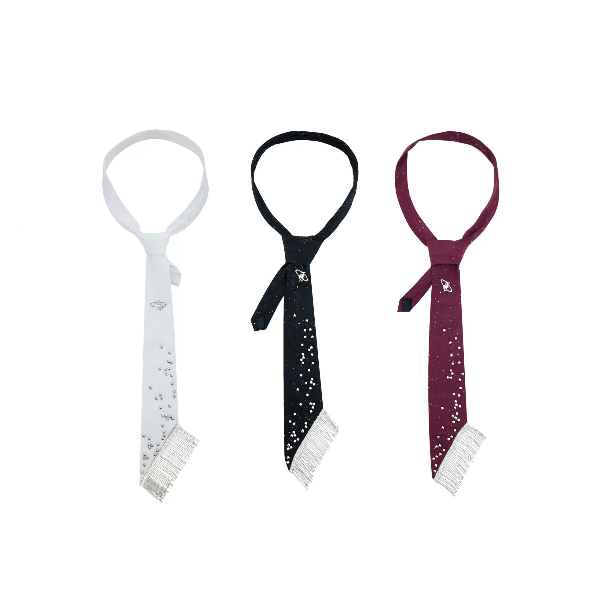 Black punk style necktie with metallic studs and silver fringe chain.