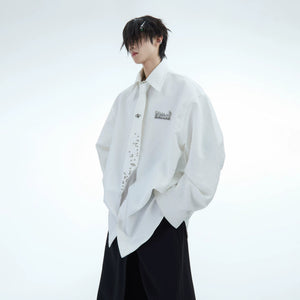 White heavy cotton necktie with shimmering elements and metal fringe.