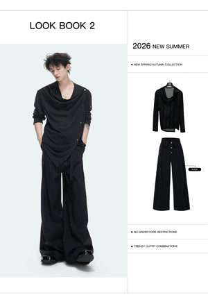 Draped Cowl Neck Asymmetric Button Top