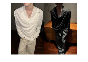 Draped Cowl Neck Asymmetric Button Top