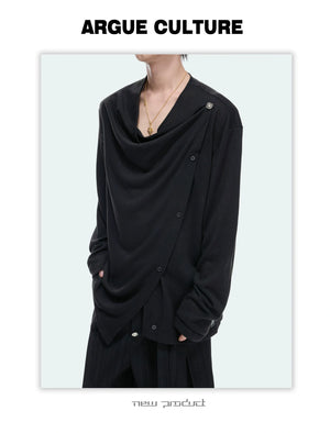 Draped Cowl Neck Asymmetric Button Top