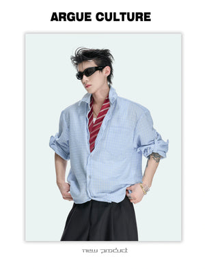 Drawstring Seersucker Check Shirt
