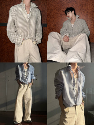 Drawstring Seersucker Check Shirt