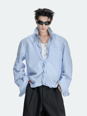 Drawstring Seersucker Check Shirt
